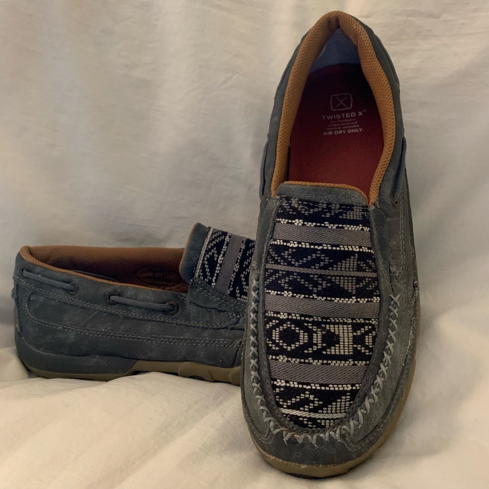 Twisted X women's slip on driving Mocs w/ Aztec pattern vamp